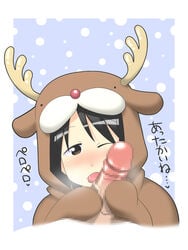 blush censored fellatio highres ichigo_mashimaro itou_nobue makarou oral penis reindeer_costume snow tongue