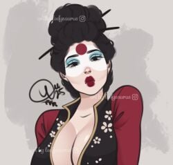 1girls asian asian_female big_breasts black_hair breasts cleavage dc_comics facepaint female huge_breasts katana_(dc) solo tagme_(artist)