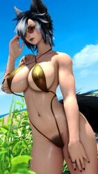 areola aylen_dawn aylen_ffxiv belly_piercing bikini canid canine female female_focus female_only final_fantasy_xiv fox_ears fox_girls gpose(ffxiv) kemonomimi miqo'te musky naked nipples nude piercing solo_focus sweat sweaty tomboy