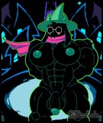 abs absurd_res anthro balls biceps big_balls big_penis black_body black_fur blush bovid caprine ch4mm0zotz clothing deltarune embarrassed eyewear flaccid fur genitals glans glasses goat green_glans green_nipples hands_behind_back hat headgear headwear hi_res horn long_ears looking_down male mammal muscular nipples nude pecs penis ralsei scarf solo thick_thighs tuft undertale_(series)
