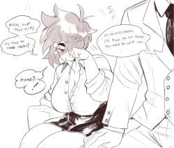 1boy 1girls ass aunt aunt_hellen_(insouwu) belly_button big_ass big_breasts blush blush breasts coworker_(insouwu) earrings eyebags fangs female hair_over_one_eye insouwu massive_ass massive_breasts mature_female milf mole_on_breast nipples_visible_through_clothing no_bra original_character piercing red_eyes short_hair text text_bubble thick_ass thick_lips thighhighs tomboy_milf uniform white_body white_hair white_skin