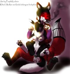 anal anthro anus balls black canine chest_tuft cigarette collar demon digimon dripping ear_piercing earring fedupfox female female_fox fox fur gloves glowing hindpaw hoops inola messy nipples paws penis piercing purplekecleon red renamon smoke smoking tattoo tongue wet