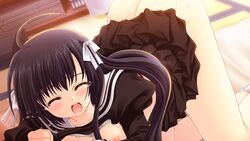 bed black_hair bra breasts cum game_cg hananomiya_ako long_hair nipples nishimata_aoi open_clothes open_shirt seifuku sekai_seifuku_kanojo sex shirt tear underwear