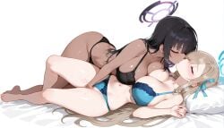 2girls asuna_(blue_archive) bed black_bra black_hair black_panties black_skin blonde_hair blue_archive blue_bra blue_panties fingering_partner fingering_through_panties halo karin_(blue_archive) kissing romantic white_background yuri