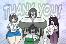 4girls ? black_hair blue_dress breast_rest breasts breasts_on_head cleavage colored_skin doctorloops dress english_text feline female gigantic_breasts glasses green_dress hair_over_one_eye hat holding holding_sign huge_breasts layla_(doctorloops) long_hair mona_(doctorloops) multiple_girls nurse nurse_cap open_mouth purple_dress short_hair veronica_(doctorloops) veronica_and_mona very_long_hair victoria_(doctorloops)
