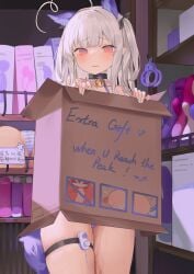 absurdres ahoge artificial_vagina box cardboard_box collarbone cuffs dildo female grey_hair handcuffs highres long_hair niliu_chahui original pink_eyes pussy pussy_juice sex_toy solo
