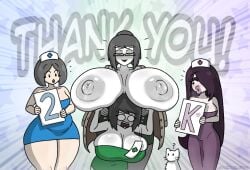 4girls ? bare_shoulders black_hair breast_rest breasts breasts_on_head cleavage closed_eyes colored_skin doctorloops dress english_text feline female gigantic_breasts glasses hair_over_one_eye hat huge_breasts layla_(doctorloops) long_hair mature_female mona_(doctorloops) multiple_girls nipples nurse nurse_cap open_mouth short_hair strapless strapless_dress thick_thighs veronica_(doctorloops) veronica_and_mona victoria_(doctorloops)