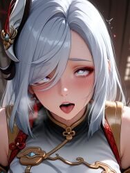 1boy 1girls ahe_gao genshin_impact shenhe_(genshin_impact)
