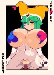 1boy 1girls animated areolae areolae_slip bouncing_breasts breasts cowgirl_position game_cg gigantic_breasts gloves green_eyes green_hair heart_pasties heart_tattoo huge_breasts jester jester_hat joker_(playing_card) kogoeruretasu legwear loop looping_animation lustful_dreamers on_top pasties penetration penis pixel_animation pixel_art playing_card pussy saya_(lustful_dreamers) sex smile tagme top_heavy topless topless_female vaginal_penetration white_gloves