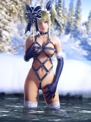 3d blonde_hair blue_eyes collar crotch_rope elbow_gloves female female_only harness incise_soul m-rs outdoors ribbon rukia solo thighhighs water winter