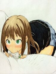 1boy blush brown_hair cardigan clothed_female_nude_male fellatio female fujioka_(azunxan) gradient_background green_eyes hair idolmaster idolmaster_cinderella_girls kneeling long_hair oral penis shibuya_rin skirt straight