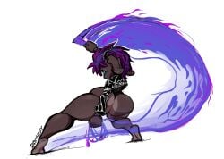 1girls action_pose ass barefoot big_ass big_thighs black_sclera bottom_heavy dark_skin goblin goblin_female green_eyes horned_female horns huge_ass kusarigama leather leather_jacket magic magic_user piercings shortstack thick_legs thick_thighs zommbay