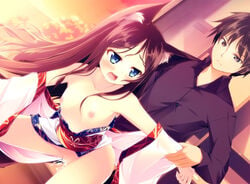 animal_ears blue_eyes breasts brown_hair cat_ears couple cum cum_inside dutch_angle flat_chest fox_ear highres japanese_clothes kazakura kimono long_hair nipples open_clothes original pink_hair sex short_hair