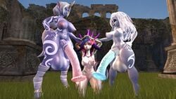 1female 2futas 3d 3d_(artwork) big_breasts canastus chameleon chameleon_humanoid equine_penis futa_on_female glowing_eyes goat horsecock hyper_penis kindred kneeling_female lamb_(league_of_legends) league_of_legends lizard_girl long_hair neeko nipples penis pinup render sheep soraka source_filmmaker tattoos thighs wide_hips