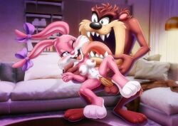 1boy 1girls anthro babs_bunny balls bbmbbf blush breasts buckteeth female hetero lagomorph licking licking_face looney_tunes male male/female nipples nude one_eye_closed open_mouth palcomix penis purple_eyes pussy rabbit sex sharp_teeth tasmanian_devil tasmanian_devil_(looney_tunes) teeth tiny_toon_adventures tongue tongue_out vaginal vaginal_penetration vaginal_sex warner_brothers