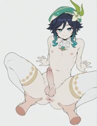 1boy 2boys :3 ai_assisted ai_generated androgynous anus argyle argyle_legwear arm_support ass ass_grab balls bangs beret black_hair blue_hair blush braid closed_mouth detached_collar disembodied_limb erection femboy flower genshin_impact gradient_hair green_eyes green_headwear hair_flower hair_ornament hat hat_flower looking_at_viewer male male_focus multicolored_hair multiple_boys navel nipples nude otoko_no_ko penis pov short_hair_with_long_locks simple_background smile solo_focus sondu spread_anus spread_legs testicles thighhighs uncensored venti_(genshin_impact) white_background white_flower white_thighhighs yaoi