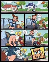 ass bent_over bra brown_hair cameltoe cartoon_network clothing comic dialogue english_text erection female gil_nexdor human jab johnny_test_(series) johnny_testicles lila_test looking_at_ass male milf outdoors panties penis rick_fields short_skirt skirt speech_bubble text