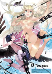 2girls :d ahoge angel angel_wings ankle_cuffs armpits ass barefoot black_hair blonde_hair blue_eyes bondage breasts casual censored chains convenient_censoring engrish feet female guitar happy highres human instrument jumping large_breasts long_hair lyxu microphone microphone_stand multicolored_hair multiple_girls nipples nude open_mouth pale_skin panty_&_stocking_with_garterbelt panty_anarchy pink_hair purple_eyes ranguage siblings sisters sky smile soles stocking_anarchy toes wings