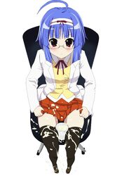 ahoge black_eyes black_legwear black_thighhighs blue_hair bukkake cum pleated_skirt skirt sutekisuteki thighhighs