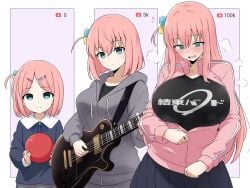 age_progression amogan ball big_breasts black_shirt blue_eyes blush bocchi_the_rock! breasts busty embarrassed gotou_hitori guitar hoodie huge_breasts jacket large_breasts long_hair pink_hair shirt thin_waist tracksuit