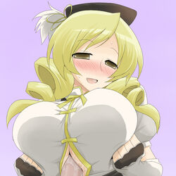 blonde_hair blush breasts detached_sleeves drill_hair female fingerless_gloves gloves hair_ornament hat large_breasts mahou_shoujo_madoka_magica male oro_(zetsubou_girl) paizuri paizuri_under_clothes penis puffy_sleeves simple_background straight tomoe_mami uncensored yellow_eyes