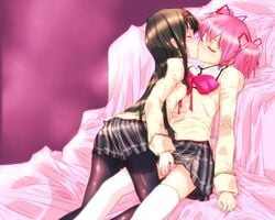 2girls akemi_homura female human kissing madoka_kaname mahou_shoujo_madoka_magica mine_(peak) multiple_girls vibrator yuri