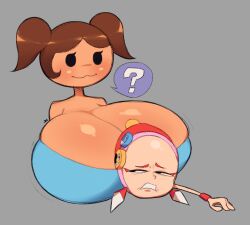 :3 ? big_breasts blue_bra bonita_zakos brown_hair crushed_by_breasts giant_breasts linda_(stretch_panic) ponytails simple_background stretch_panic superwagon64