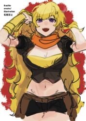 1girls arms_up artist_name big_breasts blonde_hair breasts busty cleavage female female_only highres large_breasts legs long_hair looking_at_viewer midriff navel open_mouth purple_eyes rwby smile solo thighs yang_xiao_long
