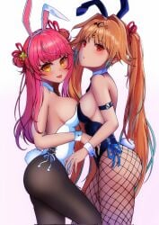 2girls :o animal_ears blonde_hair blush breasts_frottage bunny_ears bunny_tail bunnysuit curvy double_bun endou_lily female female_only fishnet_pantyhose fishnets medium_breasts morino_merun morino_merun_(artist) orange_hair pantyhose pink_hair red_eyes smiling virtual_youtuber white_skin yellow_eyes