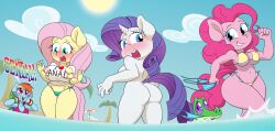 3girls animal_ears areolae ass beach big_breasts bikini blue_eyes blue_hair blush breasts female female_only fluttershy_(mlp) friendship_is_magic gummy_(mlp) long_hair multicolored_hair my_little_pony nude open_mouth pink_hair pinkie_pie_(mlp) rainbow_dash_(mlp) rarity_(mlp) red_eyes smile straight_hair tail text water