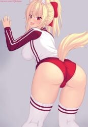 1girls 2023 animal_ears ass bent_over blonde_hair blush bow bubble_butt buruma cameltoe from_behind hairbow jacket looking_at_viewer looking_back open_mouth original panties patreon_username ponytail red_eyes red_panties saliva standing tagme tail thighhighs thighs tiffy tiffynyaa tongue tongue_out trefoil