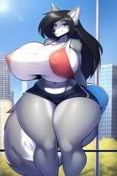 1girls ai_generated anthro ass bedroom_eyes black_hair blue_eyes blue_fur boots bra breasts bubble_butt city gakapin giant_ass giant_breasts grey_fur gym_clothes gym_shorts hourglass_figure huge_ass huge_breasts huge_thighs long_hair looking_at_viewer nipple_bulge nipples nipples_visible_through_clothing novelai original original_artwork shorts small_waist smiling thick thick_ass thick_thighs voluptuous wide_hips wolf_girl wolf_tail