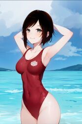1girls armpits arms_behind_head beach big_breasts black_hair blush breasts busty child_bearing_hips cleavage covered_navel female female_only grey_eyes highres large_breasts legs looking_at_viewer ocean one-piece_swimsuit pose posing ruby_rose rwby seductive seductive_smile sensual sexy_armpits short_hair smile swimsuit thick_thighs thighs voluptuous water wide_hips
