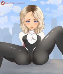 anime_style beige_hair big_forehead big_head blonde_hair blonde_hair_female blue_eyes bodysuit cameltoe city clothed eyebrow_piercing female forehead gwen_stacy human human_only light-skinned_female light_skin marvel marvel_comics neoteny piercing pussy solo spider-gwen spider-man_(series) spread_legs sticking_out_tongue suit teasing tight_bodysuit tongue tongue_out wet wet_pussy