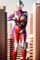 ai_generated building grabbing_own_breast grabbing_own_pussy heroine large_breasts latex latex_gloves latex_suit solo solo_female thick_thighs tight_clothing ultraman_(franchise) ultrawoman_thiccga_(tiga63)