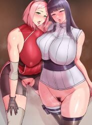 2d 2girls alternate_breast_size bike_shorts black_hair blush bottomless breasts covered_erect_nipples female female_only green_eyes highres huge_breasts hyuuga_hinata light-skinned_female light_skin long_hair looking_at_viewer multiple_girls naruto naruto:_the_last naruto_(series) no_panties nsfw pale-skinned_female pale_skin partially_clothed pink_hair potatopanicking pubic_cutout pubic_hair purple_eyes pussy_juice sakura_haruno short_hair shounen_jump skin_tight tongue tongue_out voluptuous