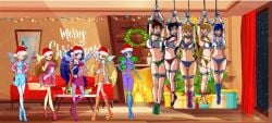 10girls 2d 6+girls ami_mizuno big_breasts bishoujo_senshi_sailor_moon bloom_(winx_club) bodysuit bondage boots bottle christmas cleavage clothing couch crossover fairy female female_only fireplace flora_(winx_club) high_heel_boots high_heels makoto_kino minako_aino multiple_girls multiple_subs musa_(winx_club) panties purple_bodysuit rei_hino sailor_jupiter sailor_mars sailor_mercury sailor_moon sailor_venus santa_hat skirt small_breasts stella_(winx_club) suspended_in_midair tape_gag tecna_(winx_club) thewolfpack26 tied_up usagi_tsukino wings winx_club