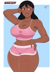 1girls artist_name artist_signature big_breasts black_hair breasts brown_eyes cleavage clothed_female colored crop_top dark-skinned_female dark_skin disney female female_only fully_clothed hand_on_head hand_on_hip lilo_and_stitch long_hair looking_at_viewer nani_pelekai navel pink_clothing pink_top smile solo solo_female tank_top thick_thighs thighs truewaifu uncensored