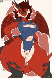 anthro big_breasts breasts clothed clothing dragon female genitals hair hand_on_hip hi_res horn looking_at_viewer membrane_(anatomy) membranous_wings one-piece_swimsuit partially_clothed pussy red_body red_hair red_scales scales skylosminkan smile solo swimwear thick_thighs torn_clothing wide_hips wings