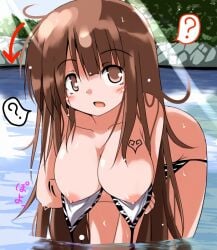 arrow_(symbol) bikini bikini_pull breasts brown_eyes brown_hair confused emma_(magico) exposed_nipples female_only hanging_breasts heart_tattoo large_breasts long_hair magico nipples open_mouth partially_submerged solo_female swimsuit tattoo_on_breast tsuzuri_(tuzuri) wardrobe_malfunction water wet