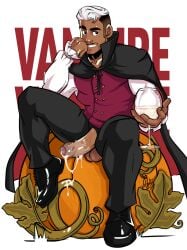 boner clothed cum cum_on_penis dark-skinned_male dark_skin english_text erect_penis erection glass_of_cum halloween hard_on lad looking_at_viewer male male_only melanin muscles muscular muscular_male penis_out pumpkin sitting titto_(velgaty) twitter_user_oc uncut vampire veiny_penis velgaty