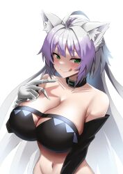 1girls atalanta_(alter)_(fate) atalanta_(fate) big_breasts cleavage fate/apocrypha fate/grand_order fate_(series) female large_breasts licking_lips purple_hair silver_hair solo yuzu_kiro