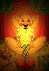 animatronic bib cake candle cupcake exposed_breasts five_nights_at_freddy's five_nights_at_freddy's_2 footjob himpachi looking_at_viewer sharp_teeth toy_chica_(fnaf)