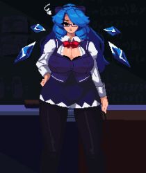 1girls bow cirno cleavage cleavage_cutout curly_hair frustrated fully_clothed glasses hair_ribbon huge_breasts long_hair milf pixel_art pov stockings suwacrab teacher thick_thighs touhou wings