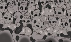 1boy 6+girls anthro army bear big_ass big_breasts big_butt breast_press catsuit female giant_panda harem huge_ass huge_breasts imminent_sex joaoppereiraus lipstick male monochrome multiple_girls shiny shiny_clothes size_difference smile sueli_(joaoppereiraus) tagme