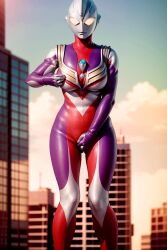 ai_generated building grabbing_own_breast grabbing_own_pussy heroine large_breasts latex latex_gloves latex_suit solo solo_female thick_thighs tight_clothing ultraman_(franchise) ultrawoman_thiccga_(tiga63)