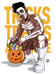 1boy abs balls ballsack big_cock big_penis black_eyes black_hair body_paint boots boots_only candy crouching dark-skinned_male dark_skin english_text foreskin foreskin_folds fully_retracted_foreskin hairy_balls halloween huge_cock human intact jack-o'-lantern lad male male_nipples male_only male_pubic_hair melanin mostly_nude_male muscles muscular_male pecs penis pubic_stubble scrotum semi-erect skeleton_paint smooth_skinned_male testicles uncut veiny_penis velgaty zaki_(velgaty)