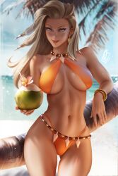 absurd_res asymmetrical_hair beach bikini blue_eyes breasts cleavage drink female female_only hips holding_object large_breasts long_hair looking_at_viewer naughty_face nintendo olchas orange_bikini outdoors outside pokemon pokemon_professor pokemon_sv professor_sada_(pokemon) slim_waist smile suggestive_look summer thick_thighs thighs thong thong_bikini underboob wide_hips