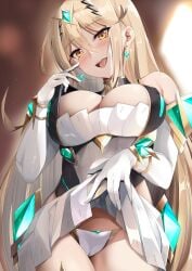 1girls bangs bare_shoulders big_breasts blonde_hair blush breasts busty cameltoe chest_jewel cleavage cleavage_cutout clothes_lift clothing_cutout covered_erect_nipples daive dress earrings elbow_gloves female female_only gloves headpiece highres jewelry large_breasts lifted_by_self long_hair looking_at_viewer mythra naughty_face nipple_slip nipples panties presenting_panties seductive_smile short_dress skirt skirt_lift smile solo swept_bangs teasing tiara tongue tongue_out top_pull underwear very_long_hair voluptuous white_dress white_gloves xenoblade_(series) xenoblade_chronicles_2 yellow_eyes