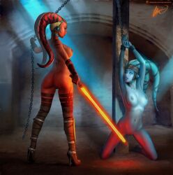 2d 2girls aayla_secura arms_above_head arms_up blue-skinned_female blue_skin bondage boots breasts chained chains cuffs darth_talon duo fear female female_only femdom femsub holding_chain imminent_torture jedi jedi_knight lezdom lightsaber mironishin multiple_girls naked naked_boots naked_female naked_footwear naked_with_shoes_on nipples nude on_knees pussy red-skinned_female red_skin restrained scared sith sith_lord star_wars time_paradox twi'lek wrist_cuffs yuri